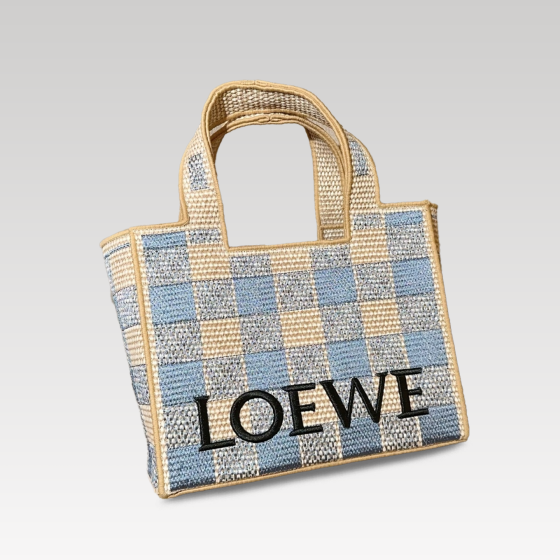 Roewe blue and white checkered embroidered logo straw bag